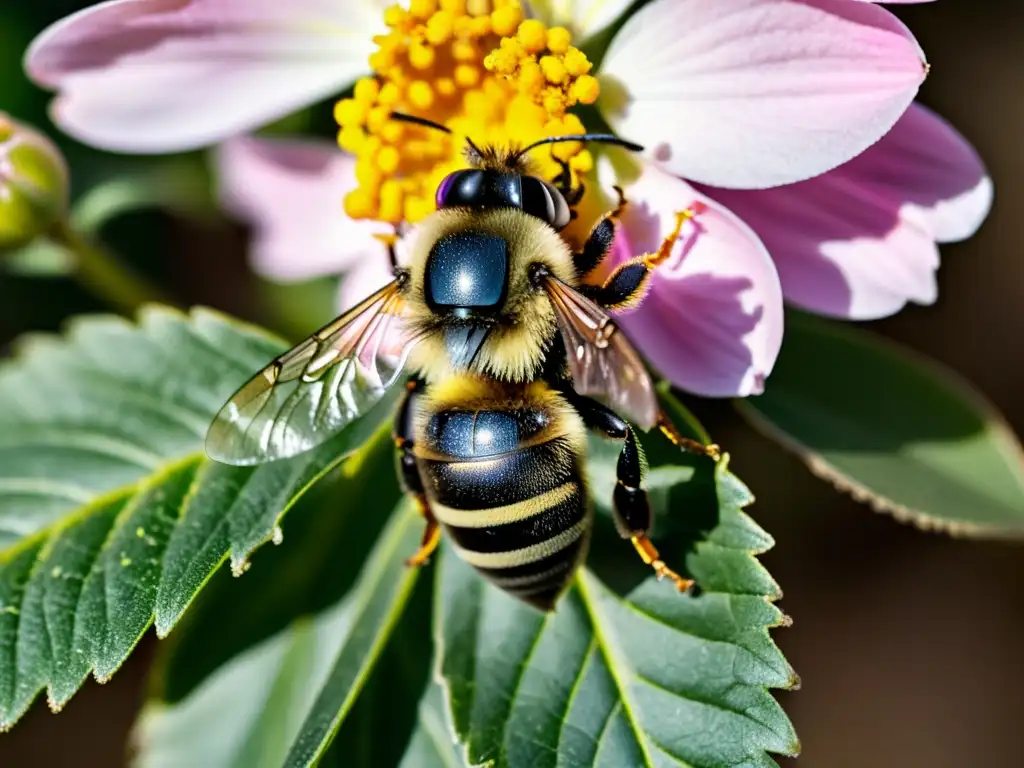 Una abeja cubierta de polen revolotea sobre una delicada flor rosa en una fotografía vintage, evocando patrones de polinización en flores