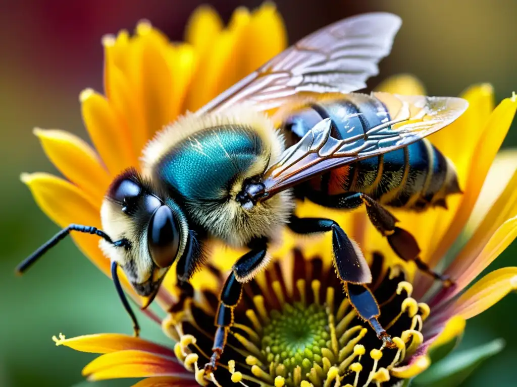 Una abeja cubierta de polen revolotea sobre una floreciente y vibrante flor