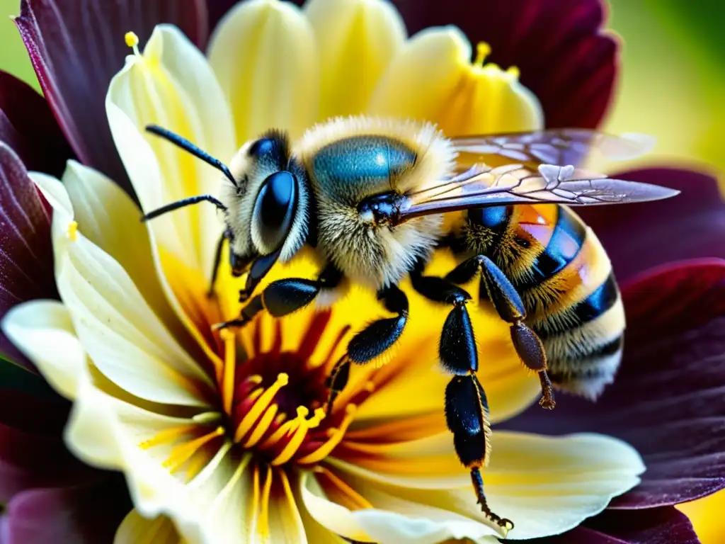 Un abejorro cubierto de polen revolotea sobre una flor vibrante con patrones intrincados