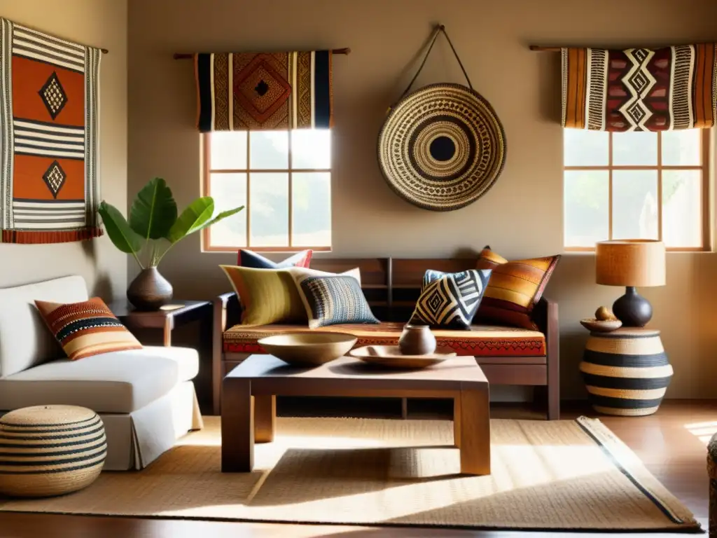 Un acogedor salón decorado con tejidos africanos, muebles de madera y cestas tejidas