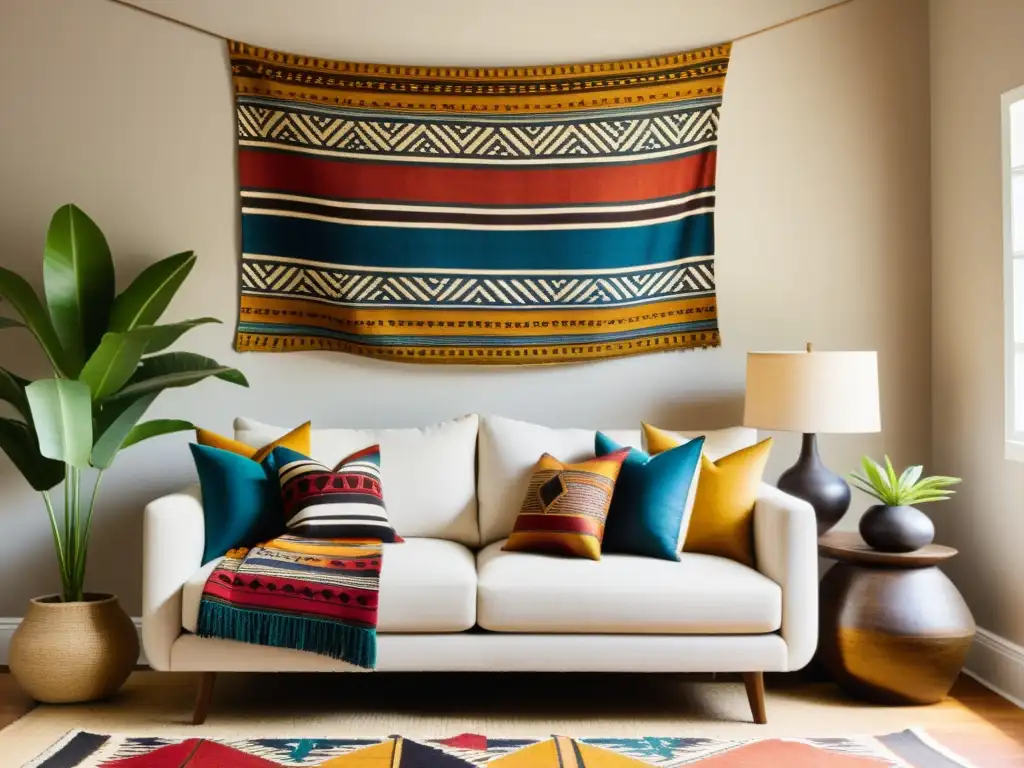 Un acogedor salón con tejidos africanos en decoración hogar, bañado por la luz del sol y repleto de coloridos textiles