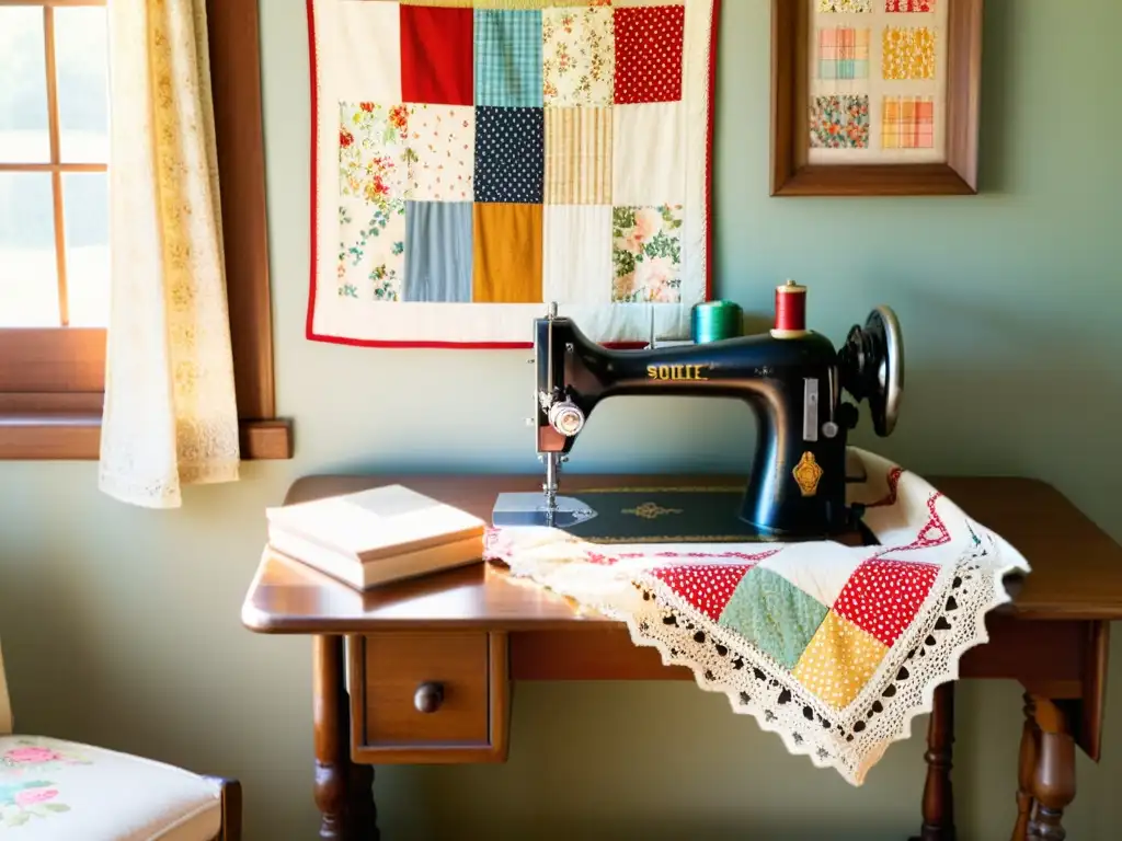 Una acogedora sala de costura vintage con hilos de colores, tijeras antiguas y telas estampadas en una mesa de madera