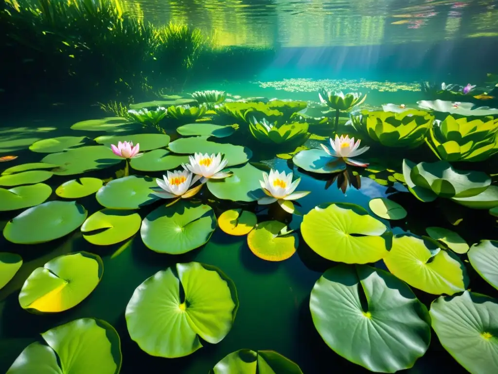 Un jardín acuático sumergido con diseños subacuáticos de plantas acuáticas, lirios y flores de loto, iluminado por la luz solar filtrada