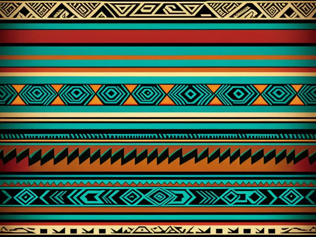 Una adaptación de patrones artísticos antiguos en un textil azteca o maya: colores vibrantes y detalles intrincados evocan tradición ancestral