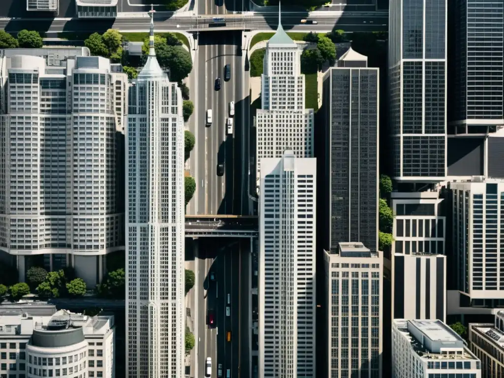 Una fotografía aérea en blanco y negro de una bulliciosa ciudad, mostrando los patrones artísticos en megaestructuras urbanas y el diseño geométrico de calles y autopistas