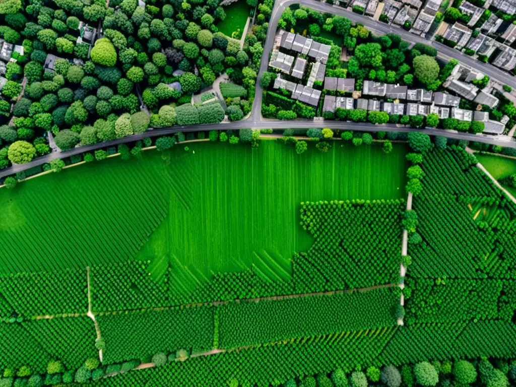 Una fotografía aérea en blanco y negro de una ciudad densamente poblada con patrones de espacios verdes urbanos entrelazados en la trama urbana