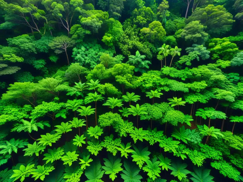 Fotografía aérea de un denso y exuberante dosel forestal, mostrando patrones orgánicos naturales técnicas