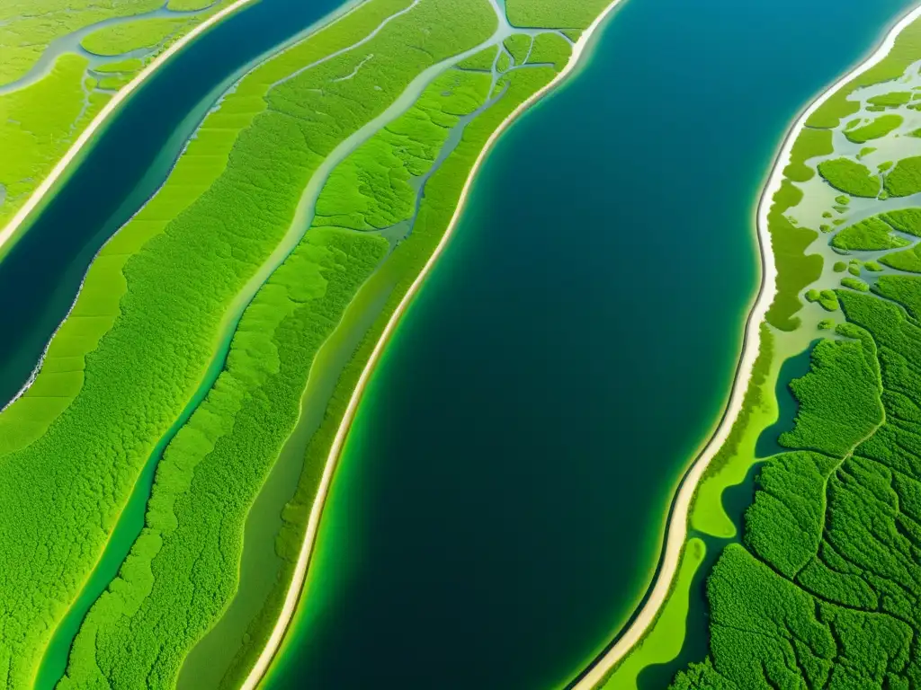 Una fotografía aérea vintage muestra los patrones geográficos de un delta fluvial, con canales sinuosos entre marismas verdes