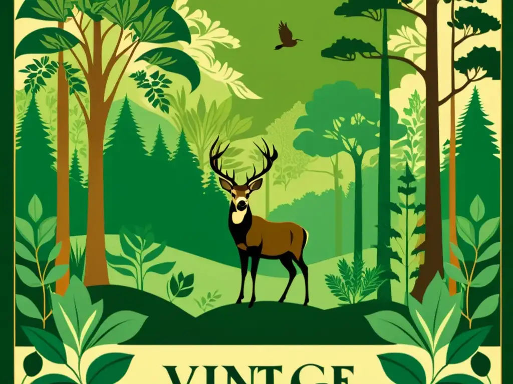 Un afiche vintage con un exuberante bosque verde y patrones artísticos interconectados en la naturaleza