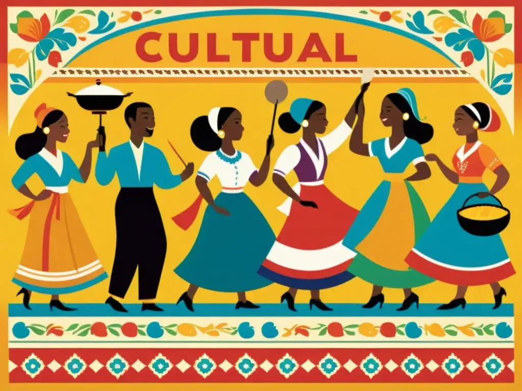 Un afiche vintage vibrante representa la diversidad cultural con personas disfrutando de actividades tradicionales