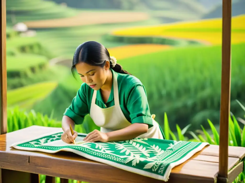 Un agricultor filipino borda patrones tradicionales en un telar, rodeado de terrazas verdes de arroz en Filipinas