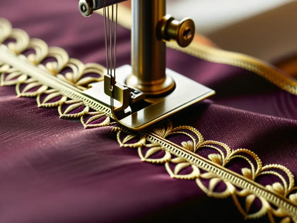 Una aguja de máquina de coser vintage crea patrones artísticos en telas de alta gama en un exquisito tejido de burgundy y oro