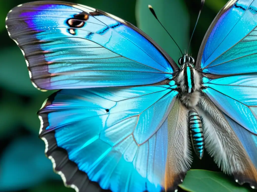 Las alas iridiscentes de una mariposa Morpho deslumbran con la magia de los patrones iridiscentes en la naturaleza