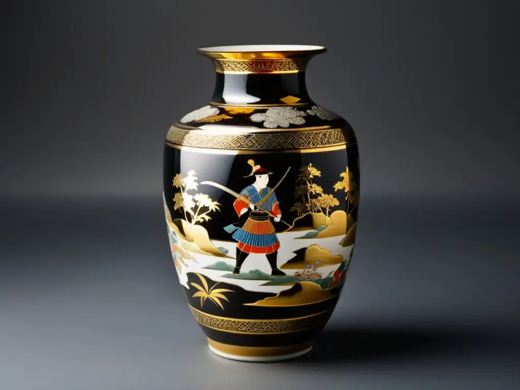 Alfarería japonesa con motivos samurai en cerámica vintage, evocando honor y tradición samurai