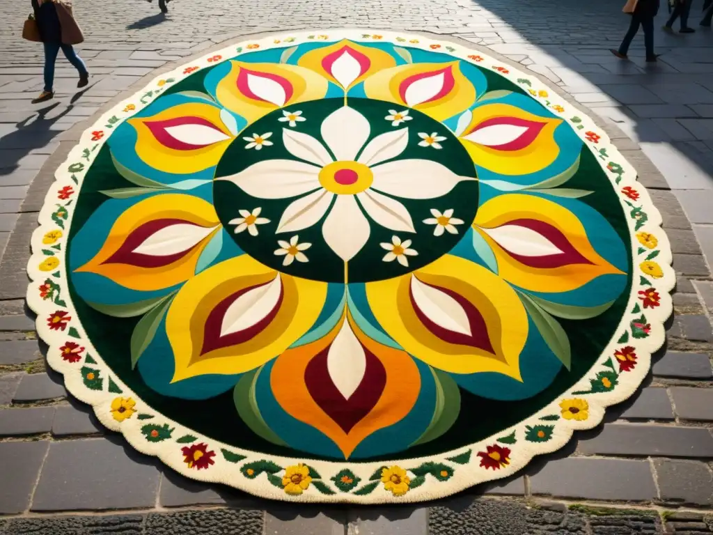 Una alfombra de flores en la Grand Place de Bruselas muestra figuras y símbolos mitológicos entre sus detalladas flores