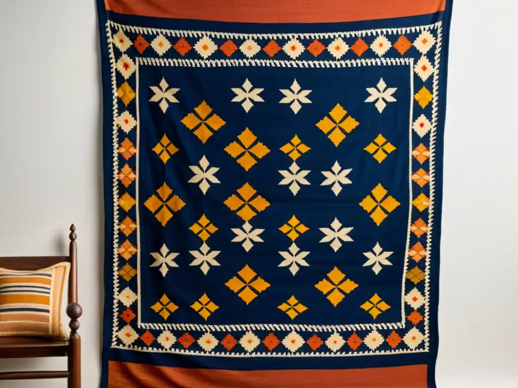 Dhurrie indio tejido a mano: tradición y artesanía Alfombra de la India tejida con colores vibrantes y patrones geométricos, sobre muebles de madera tallada