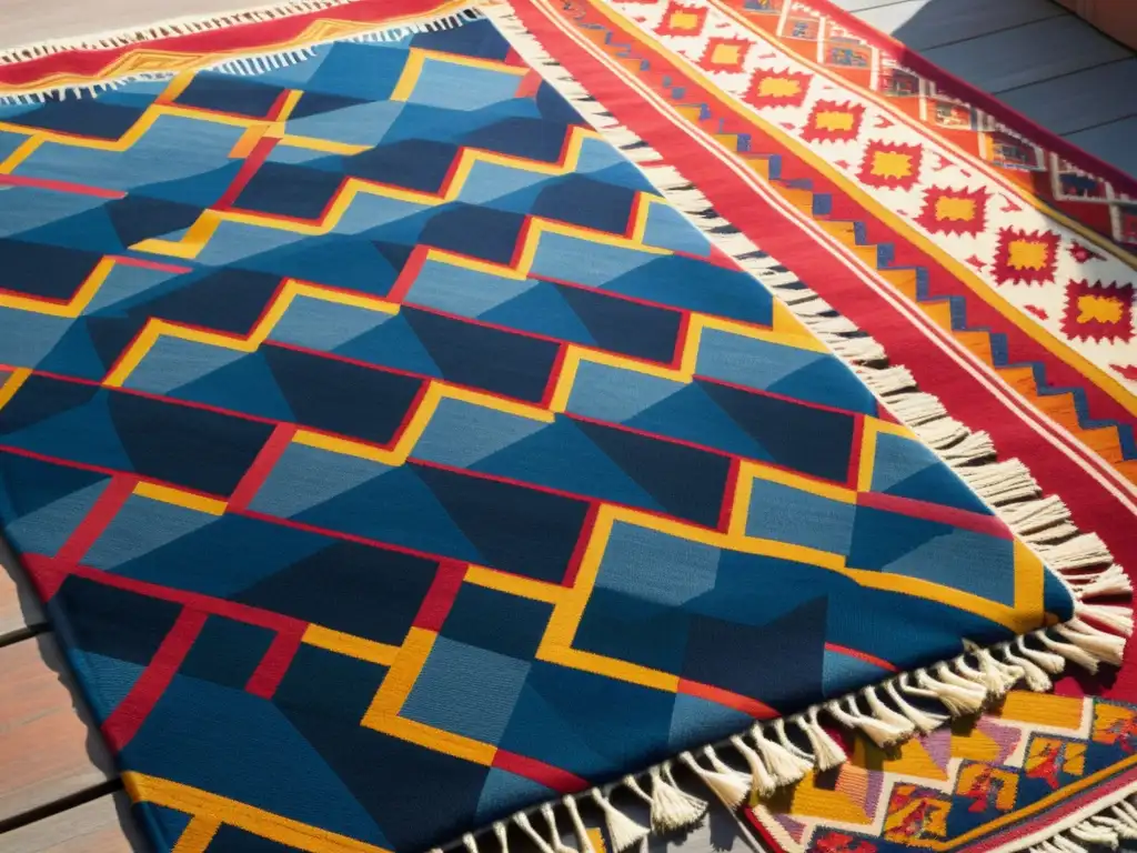 Tapiz hindú vintage tejido a mano Alfombra de la India tejida con patrón geométrico en tonos índigo, rojo y dorado, iluminada por el sol en una terraza