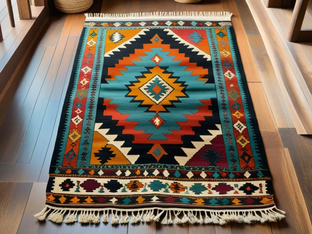 Una alfombra Kilim vintage con colores vibrantes y patrones geométricos tradicionales, en un suelo de madera rústica