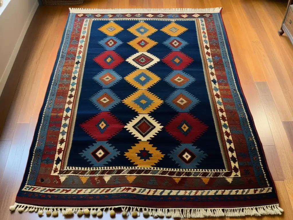 Una alfombra kilim vintage con patrones geométricos en rojo, azul y dorado sobre suelo de madera