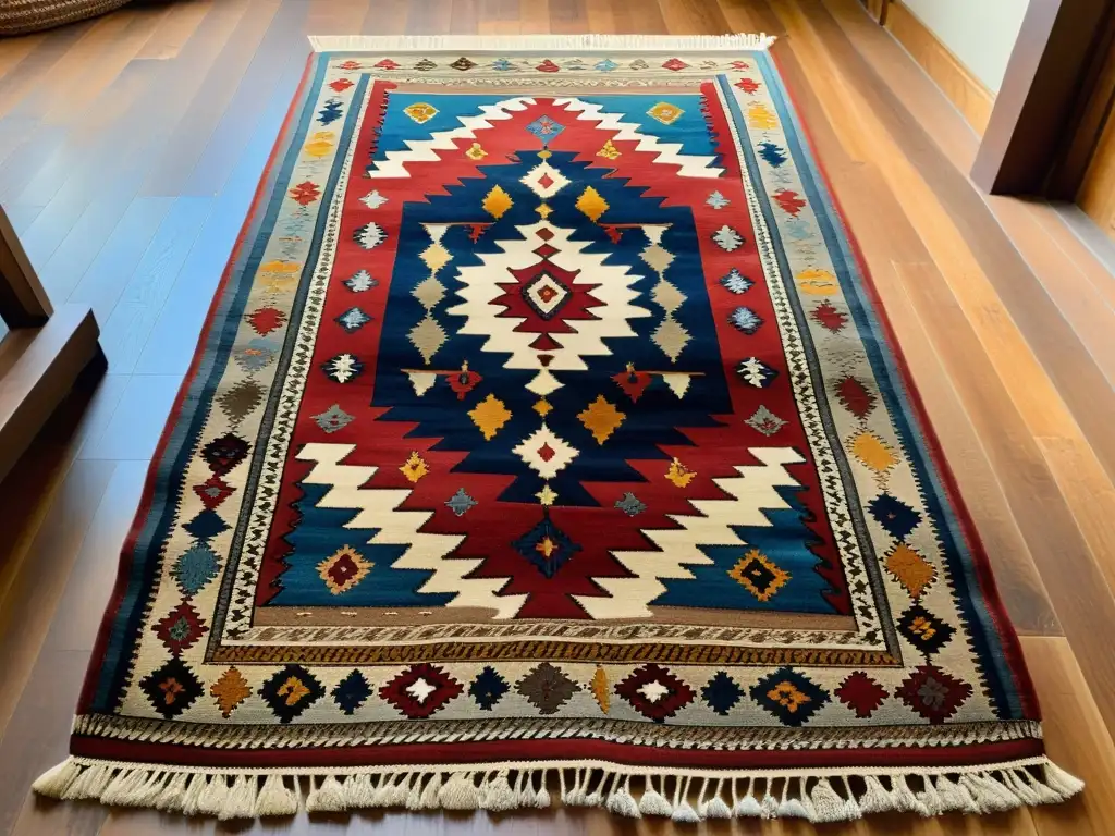 Una alfombra kilim vintage con patrones geométricos en tonos terrosos de rojo, azul y dorado