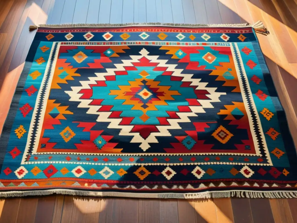 Una alfombra kilim vintage de colores tierra en suelo de madera