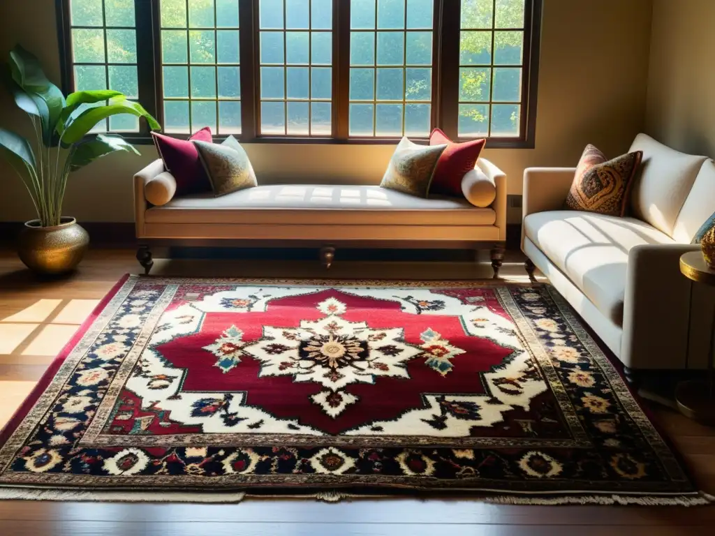 Una alfombra persa vintage con patrones florales intrincados y colores profundos en una habitación bañada por el sol