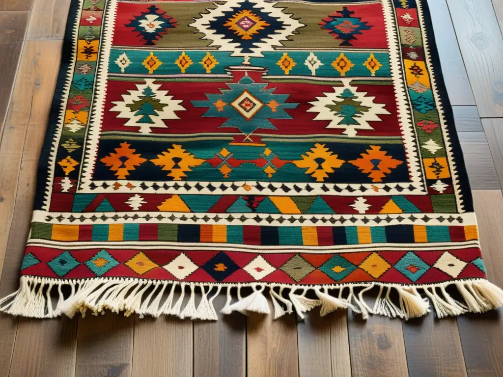 Una alfombra kilim turca con patrones geométricos y colores vibrantes, en un suelo de madera rústica