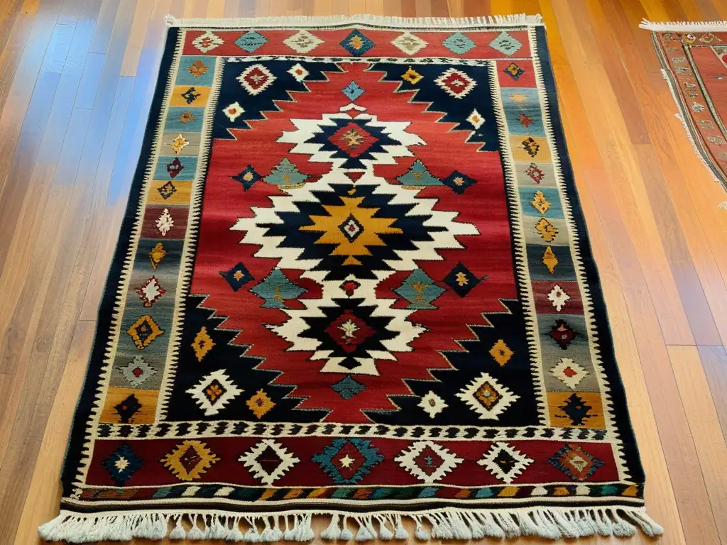 Una alfombra turca kilim vintage con patrones geométricos y colores vibrantes, iluminando una habitación soleada con muebles antiguos