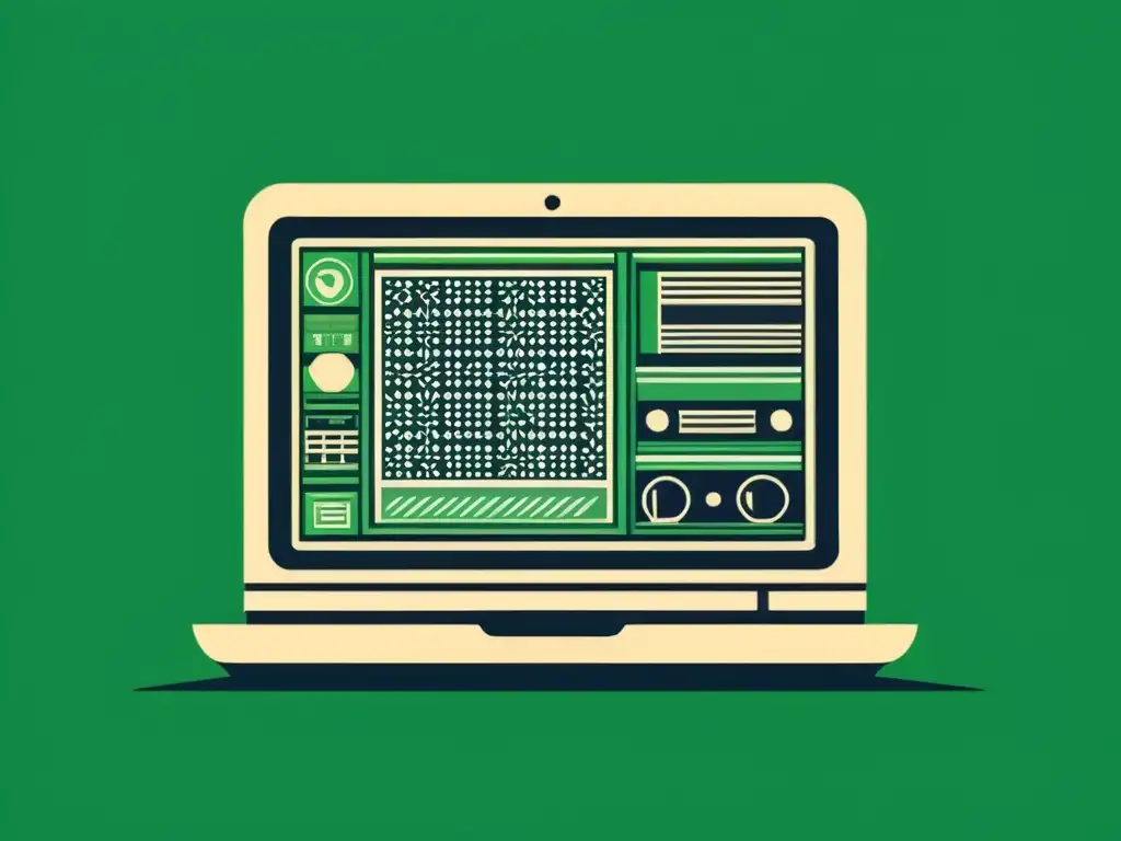 Una ilustración vintage en alta resolución de un software creando patrones sostenibles, rodeado de naturaleza