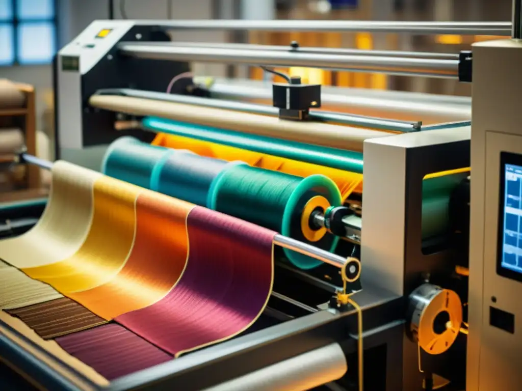 Un ambiente cálido y nostálgico en una industria textil, con patrones impresos en 3D en tejidos, entre hilos y telas de colores
