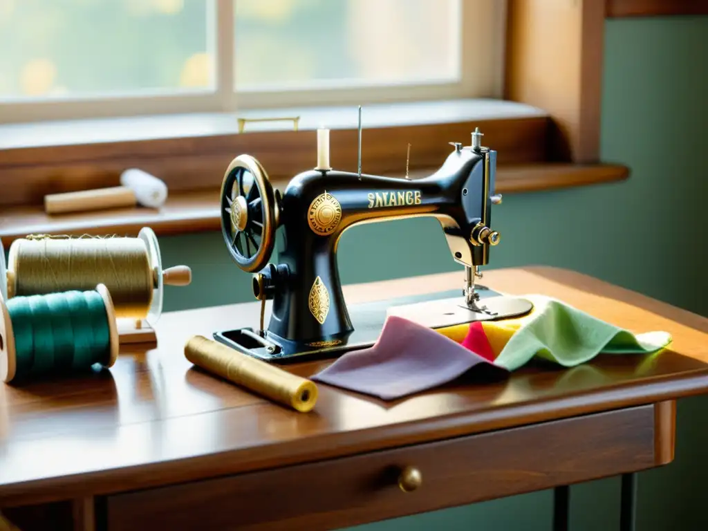 Un ambiente nostálgico con una máquina de coser vintage y coloridos hilos, reflejando certificaciones en diseño de patrones culturales