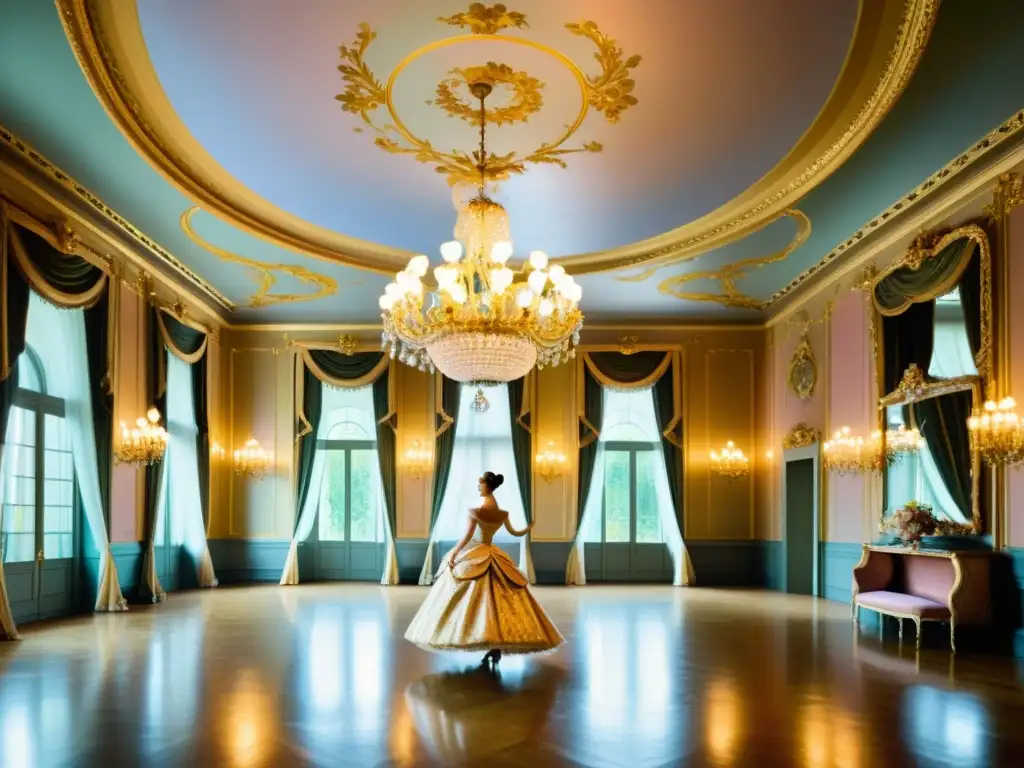 Análisis de patrones artísticos rococó en majestuoso salón de baile con bailarines elegantes y exuberantes detalles florales y dorados