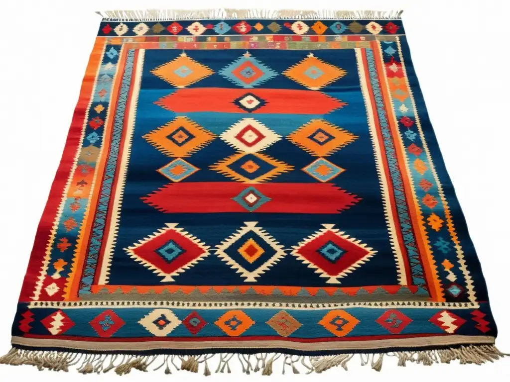 Un kilim anatolio vintage con patrones geométricos en tonos tierra de rojo, naranja y azul