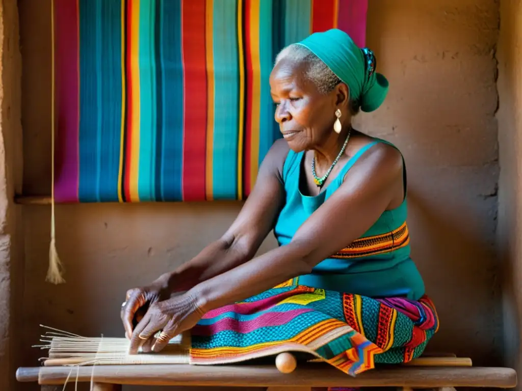 Una anciana africana teje con maestría en un telar de cintura, reflejando la técnica tradicional telar cintura africana