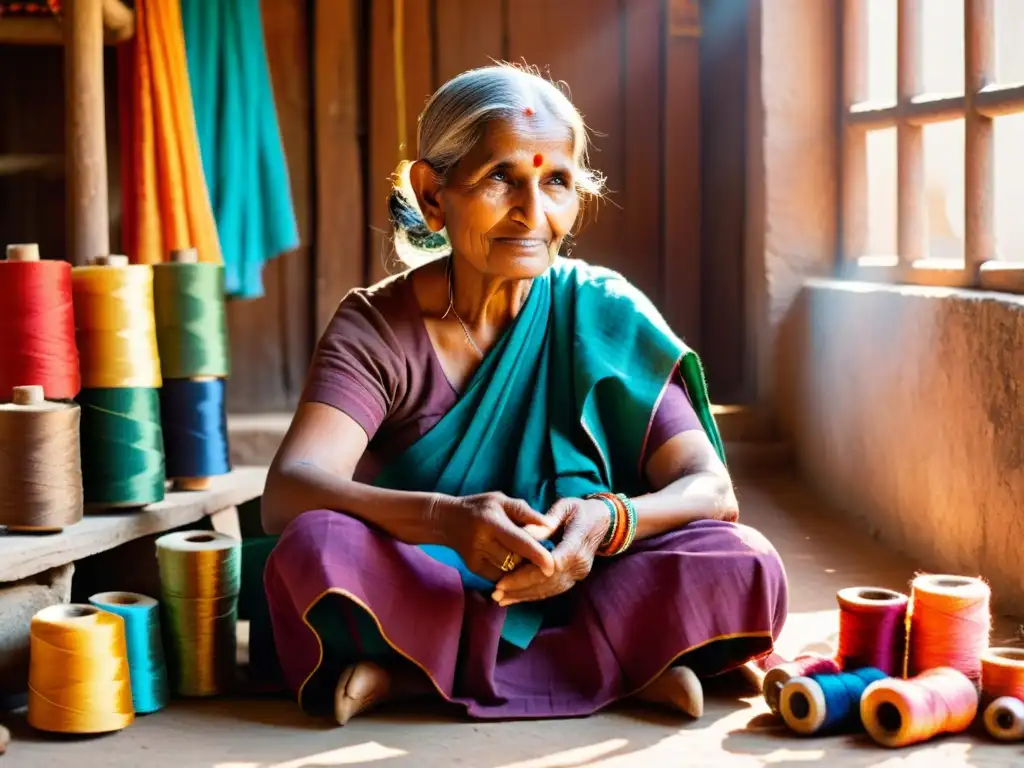 Una anciana india teje patrones de tejido tradicional con hilos vibrantes y telares antiguos, bañada por la cálida luz del sol