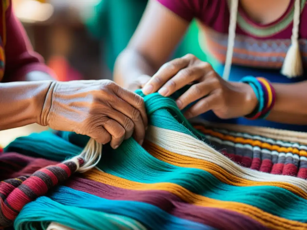 Una anciana indígena teje con destreza colorida lana en un mercado latinoamericano, reflejando el impacto psicológico del tejido en Latinoamérica