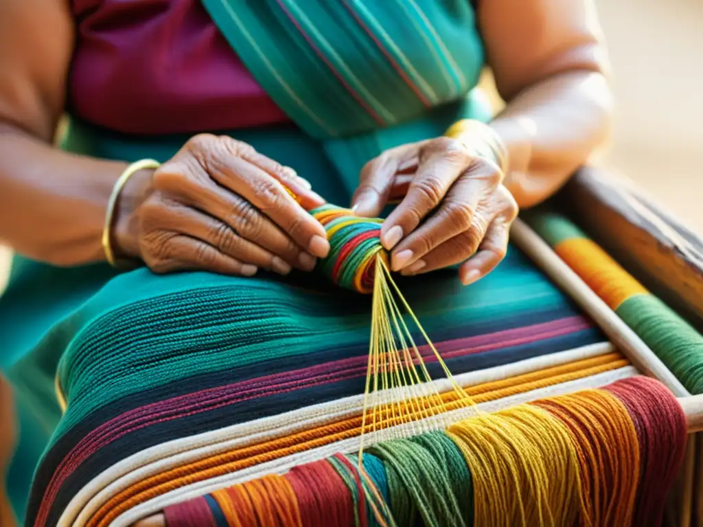 Una anciana latina teje patrones heredados con destreza, iluminada por la suave luz natural