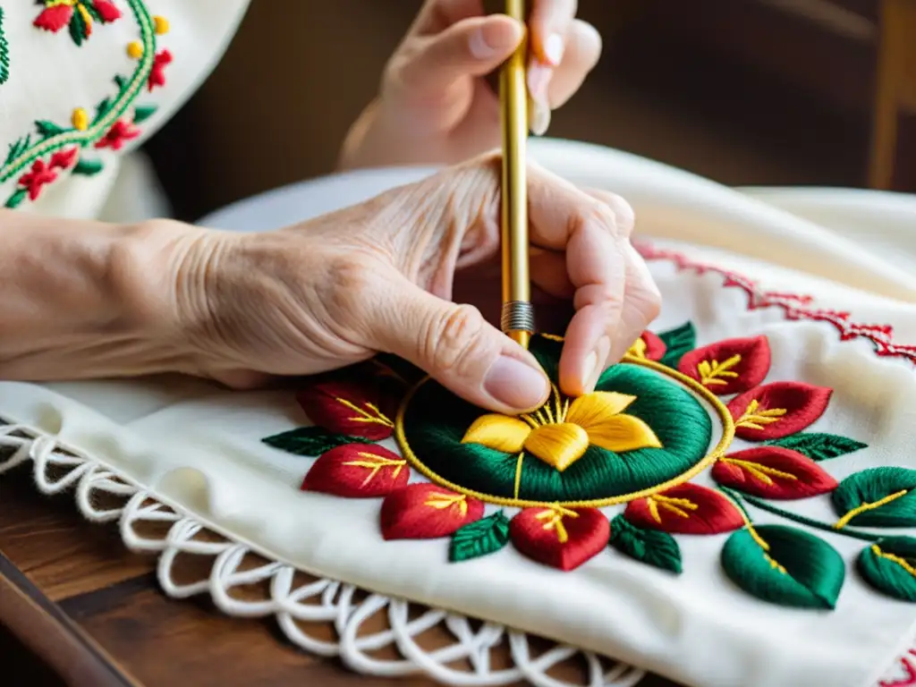 Una anciana manos expertas bordando motivos ucranianos en un taller ancestral