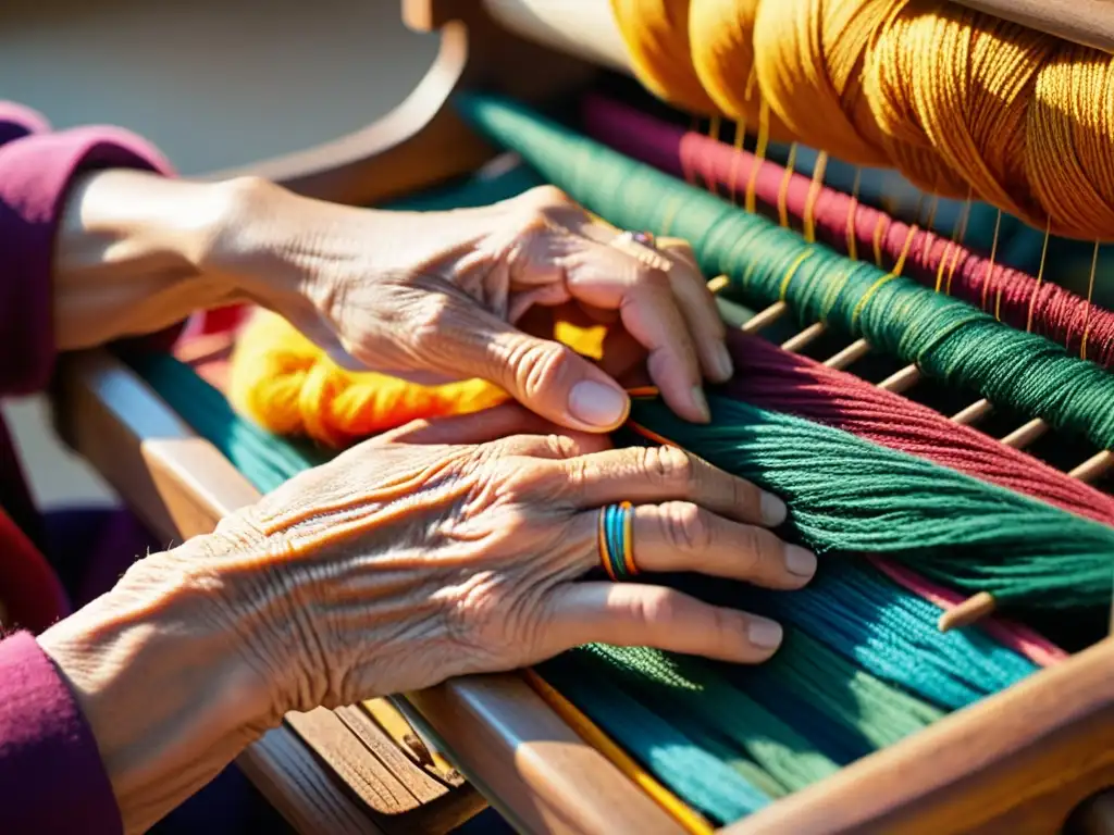 Una anciana con manos habilidosas teje con concentración en un telar de madera, rodeada de coloridos hilos