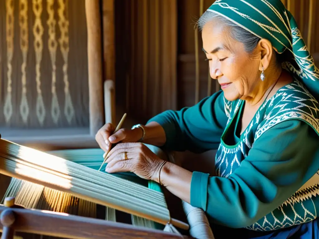 Una anciana uzbeka teje patrones ikat en un telar de madera, destacando la rica tradición textil de Uzbekistán