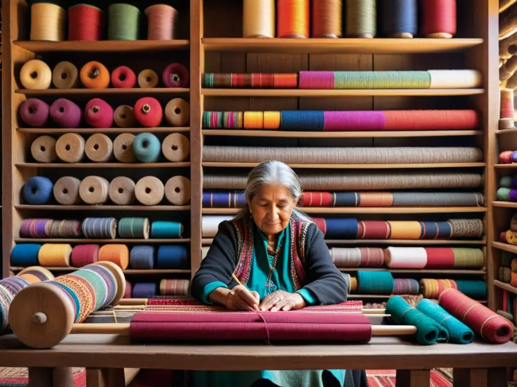 Una anciana tejedora en atuendo andino crea una colorida tela en telar de madera, rodeada de hilos y textiles