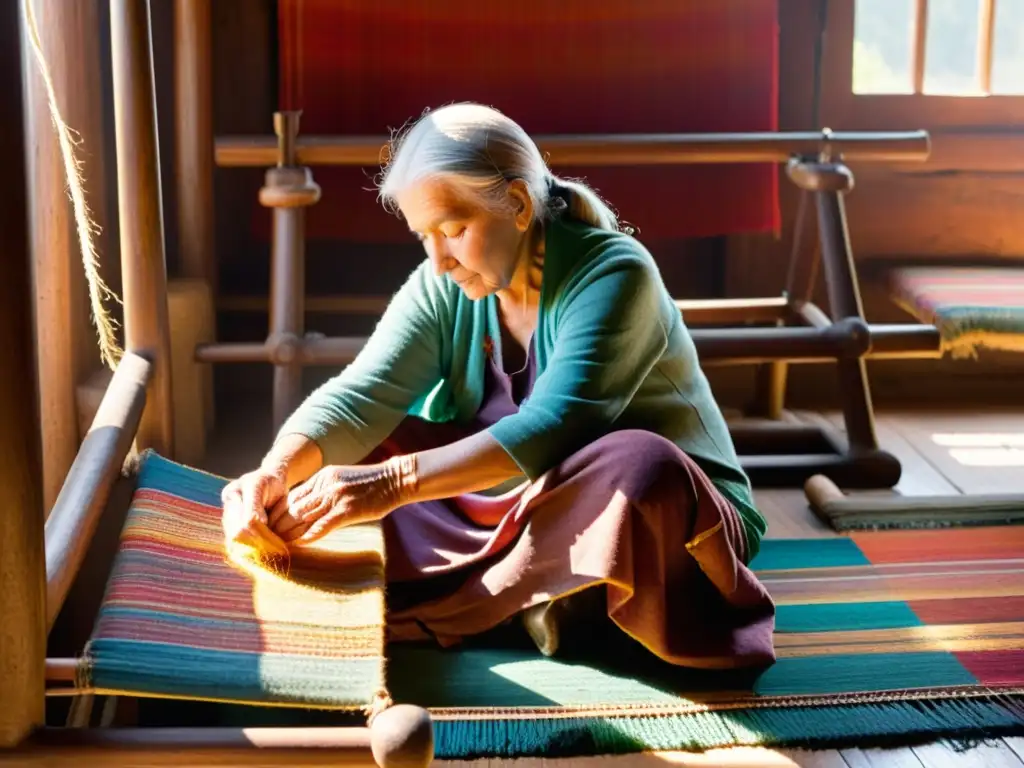 Una anciana tejedora experta en telar, crea con destreza utilizando técnicas tradicionales de tejido