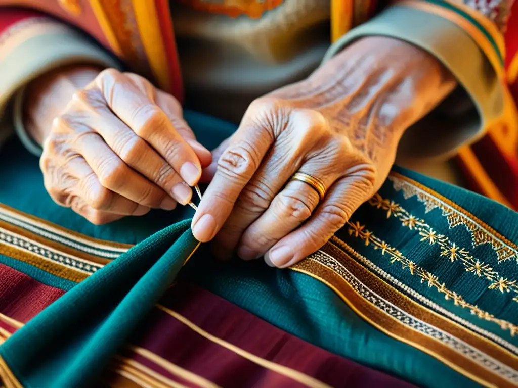 Un anciano artesano guía con cuidado una aguja a través de un textil vibrante, adornado con diseños geométricos tradicionales en tonos terrosos