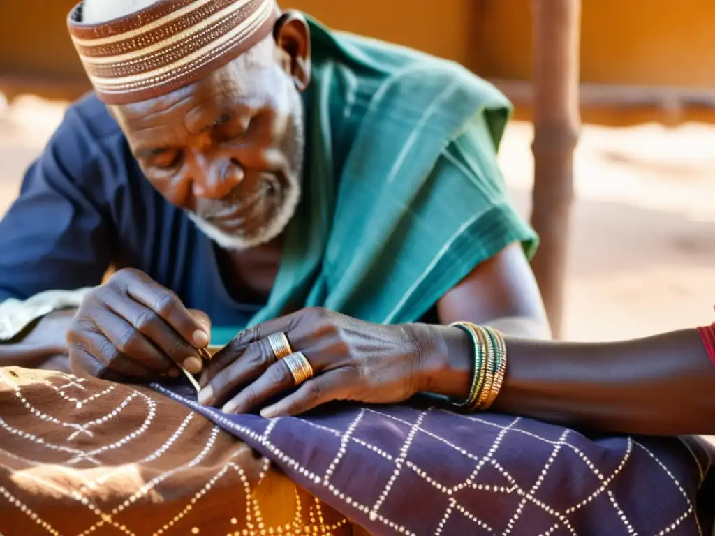 Un anciano artesano en Mali aplica tintes naturales a un tejido de algodón con la técnica ancestral Mudcloth Malí, mostrando su destreza y la riqueza cultural