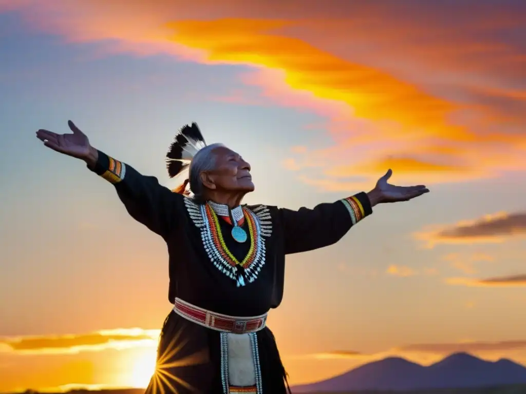 Un anciano indígena con traje tradicional se alza bajo la luz dorada del atardecer en una Danza del Sol en culturas indígenas