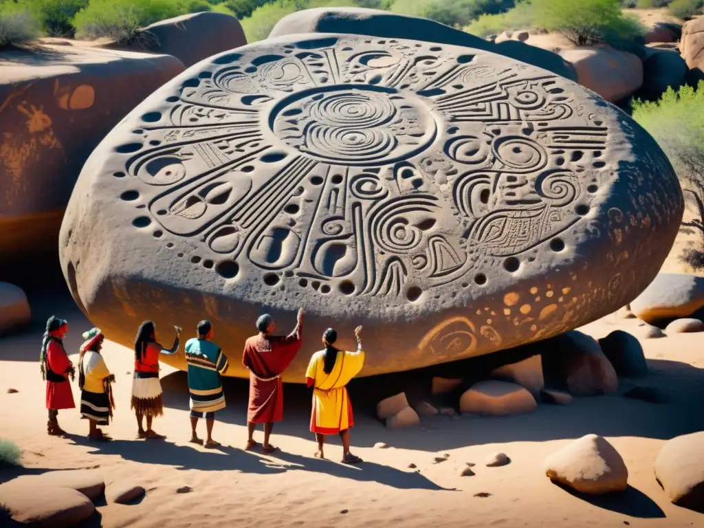 Un anciano líder indígena señala los patrones petroglifos a su tribu, evocando sabiduría ancestral y significado cultural