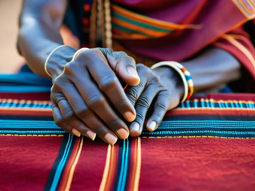 Un anciano Masai teje patrones vibrantes en tela roja, mostrando la evolución de los patrones Masai con destreza y tradición