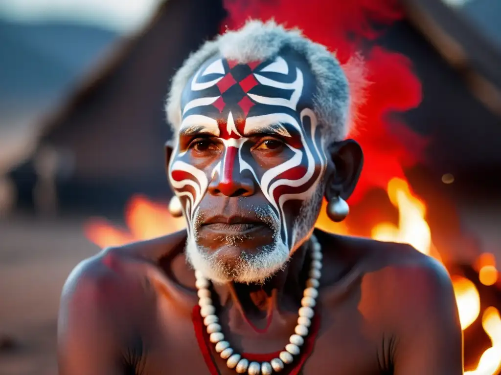 Un anciano tribal con patrones en pintura facial tribal, sabiduría y tradición junto al fuego al atardecer