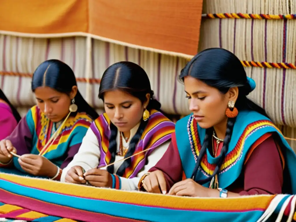 Andinas tejiendo patrones textiles festival Inti Raymi, rodeadas de colores vibrantes y luz cálida