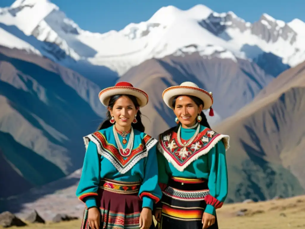 Andinas vistiendo trajes tradicionales, joyas de plata, con montañas nevadas de fondo